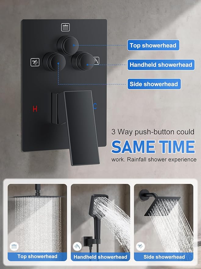 Shower Faucet Set, 10" Ceiling Mount Rainfall Shower System with 10'' Top Head+6'' Side Head and Multi-function Handheld Head Push Button Diverter Shower Faucet Trim Kit Matte Black