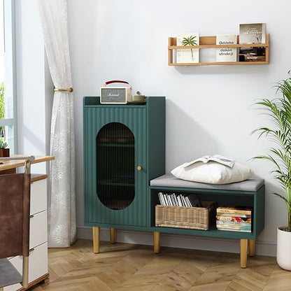 HLR Storage Bench Set of 2, Green Modern Entryway Shoe Cabinet Bench with Glass Door&Shelf, L-Shaped Storage Cabinet with Padded Seat for Hallway, Bedroom, Living Room, Office