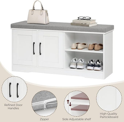 Storage Bench, 39.4" Wide Shoe Bench with Padded Seat Cushion, Entryway Bench with 2 Doors and Adjustable Shelf, End of Bed Bench, for Hallway, Bedroom, White and Gray BSWT1201