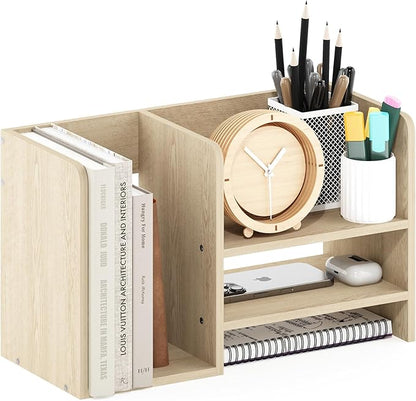 Furinno Hermite Desk Organizers, Office Organization with Accessories and Vertical File Holder, Desktop Book Shelf, for Office Supplies, Desk Accessories, for Study Room, Dorm, Natural Oak
