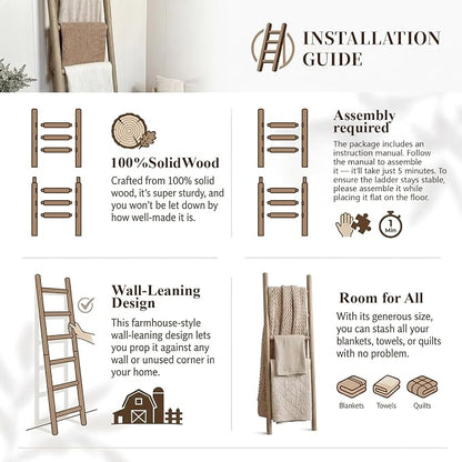 Wooden Blanket Ladder - 76in Natural Wood Color- Leaning Wall Decor for Bedroom, Bathroom, Living Room - Rustic Quilt Holder (Natural Wood Color (Knock Down), 76in | Knock Down)