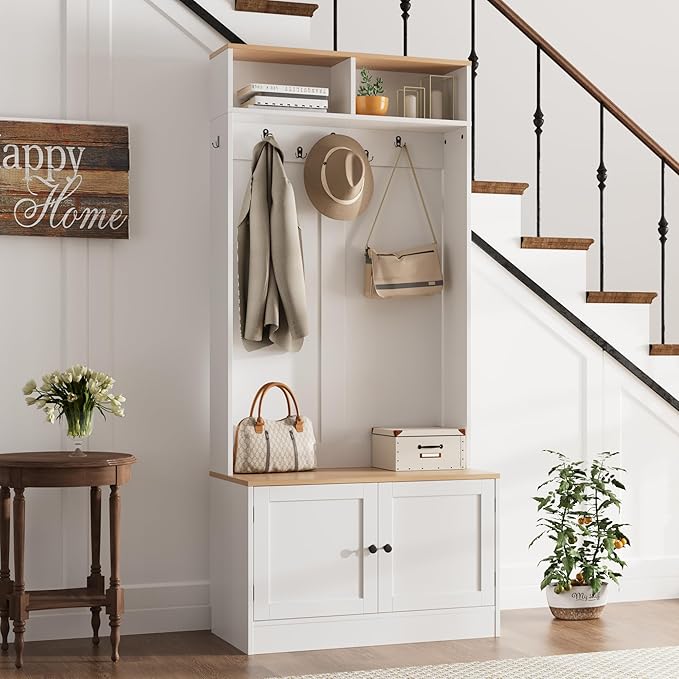Entryway Hall Tree with Bench and Storage, 5-in-1 Farmhouse Coat Rack with 7 Hooks, Bench with Coat Rack with Storage Shelves for Hallway, Hallway, White