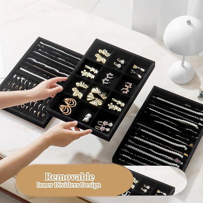 Large Velvet Jewelry Tray 2 Pack Stackable Jewelry Display Drawer Inserts Trays Organizer for Earring Bracelet Necklace Ring (Black, 12 Grids)