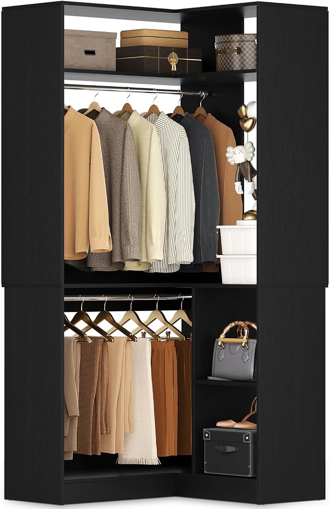 Aheaplus Corner Closet System with Shelves, Closet Organizer System with Hanging Rods, Wood Walk-in Closets for Corner Small Space, L Shaped Garment Rack, -B3, Black