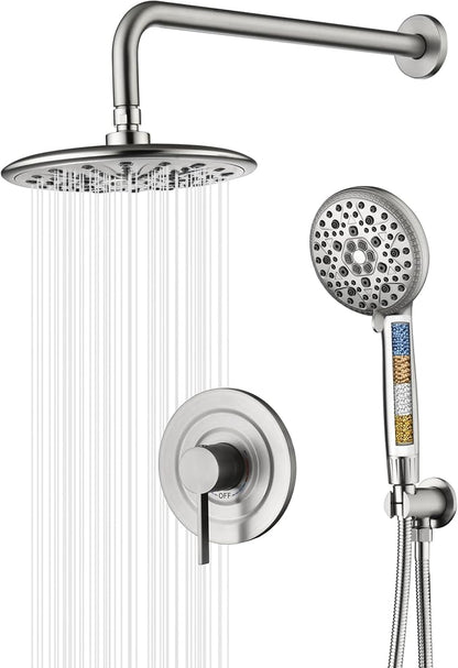 sumerain High Pressure 9 Inch Shower Faucet Set, Rain Shower System with Filtered Handheld Shower Head, Rough-in Valve and Trim Included, Brushed Nickel