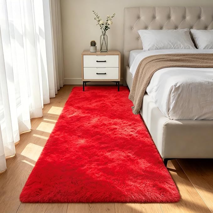 Shag Runner Rug for Bedroom Living Room 2x6 Upgrade Non-Slip Fluffy Soft Bedside Rugs,Red Shaggy Carpet for Livingroom Dorm Home Decor Aesthetic