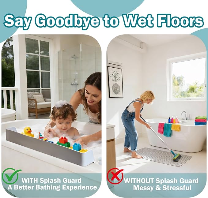 Bathtub Splash Guard for Tub Kids- 31" Extra Long Silicone Bath Play Shelf, Toy Tray & Caddy Holder, Prevent Water Spills & Messy Floors, Tub Edge Guard for Bathroom- Grey