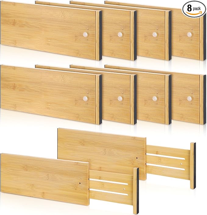 DoubleFill 8 Pcs Deep Bamboo Drawer Dividers, Deep Kitchen Dresser Drawer Organizer with Spring Loaded for Clothes, Adjustable Expandable from 15-22 Inch (Wood Color,6 Inch)
