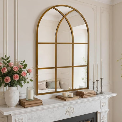 Arched Window pane Wall Mirror 30"x40", Window Shaped Farmhouse Style with Aluminum Frame, Decorative Wall Mirror Leaning Hanging for Living Room, Courtyard, Bedroom, Entryway, Bronze
