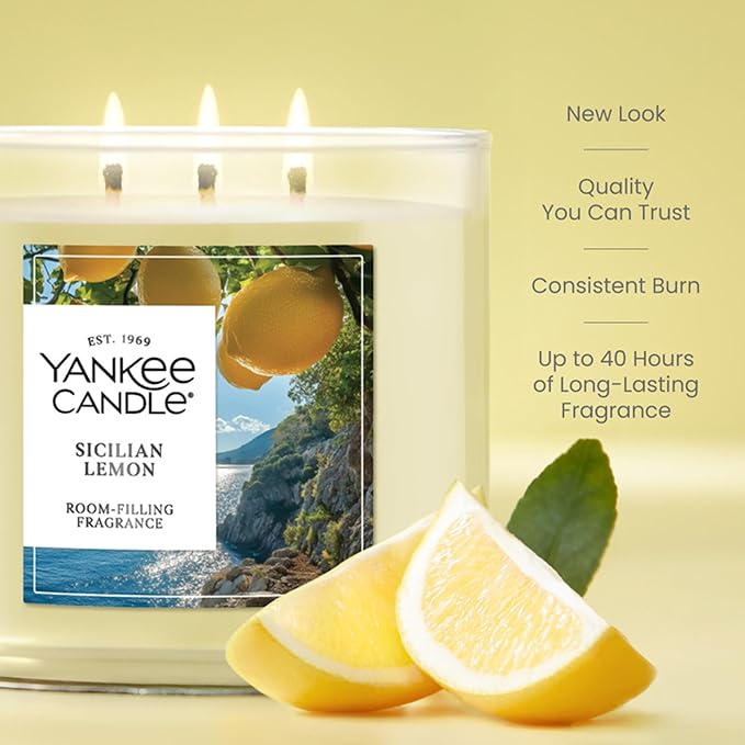 Yankee Candle Sicilian Lemon, Scented Candle, 14.5oz 3-Wick Candle Jar with up to 40 Hours Burn Time