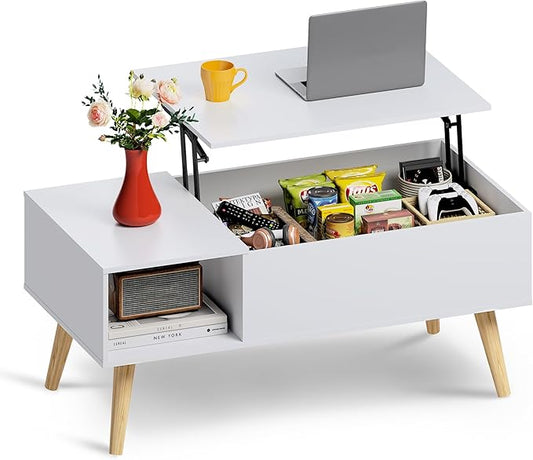 WLIVE Coffee Table for Living Room, Lift Top Coffee Table with Storage, Small Rising Wooden Dining Center Table with Storage Shelf & Hidden Compartment, 39" White