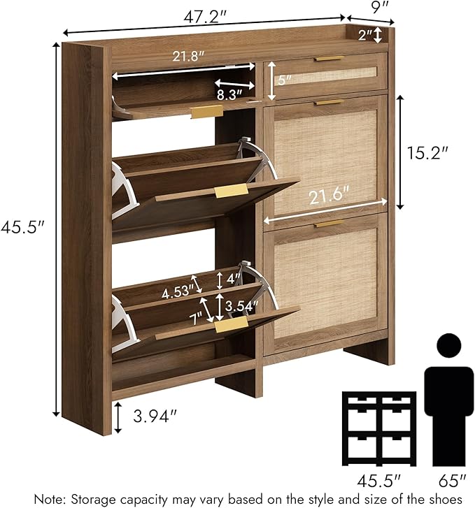 Large Rattan Shoe Storage Cabinet with 4 Flip Drawers & 2 Storages–Hidden Slim Shoe Organizer for Entryway, Large Tabletop Space, Farmhouse Boho Narrow Shoe Rack, Rustic Oak