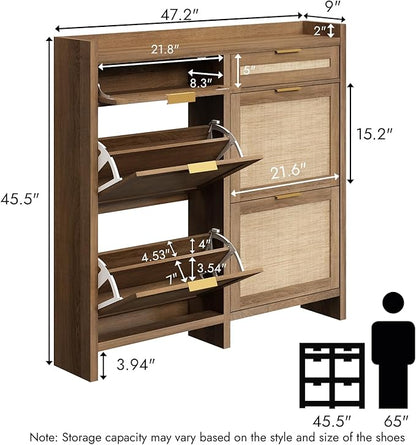 Large Rattan Shoe Storage Cabinet with 4 Flip Drawers & 2 Storages–Hidden Slim Shoe Organizer for Entryway, Large Tabletop Space, Farmhouse Boho Narrow Shoe Rack, Rustic Oak