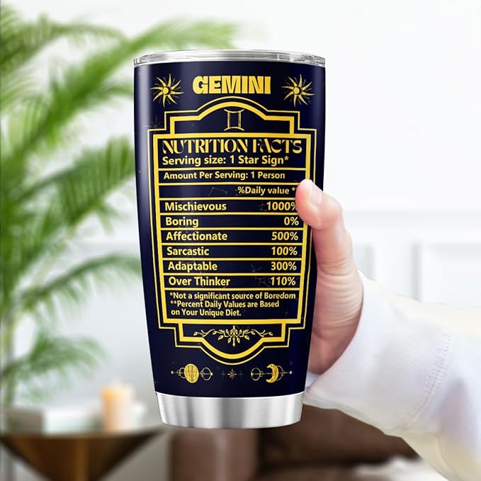 Gemini Zodiac Gift 20oz Stainless Steel Insulated Tumbler, Astrology Constellation Cup with Funny Nutrition Facts, Horoscope Themed Travel Mug for Women Men