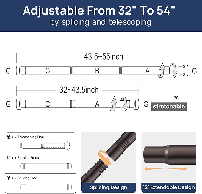 ENJOYBASICS 2 Pack Adjustable Spring Tension Curtain Rods 32 to 54 Inches, Stainless Steel Bronze Shower Rod No Drilling for Window, Bathroom, Closet, Room Divider, 7/8" Diameter