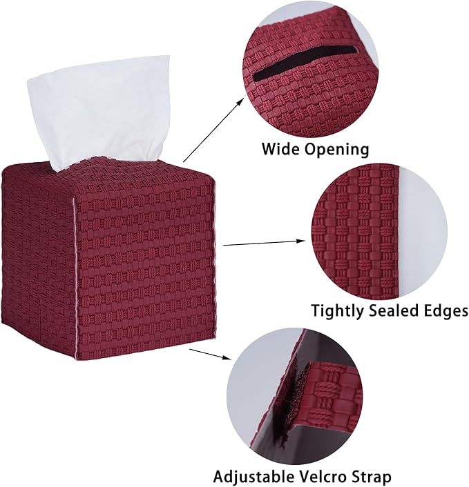 Tissue Box Cover 2-Pack, Square Tissue Holder with Bottom Belt, Modern Tissue Case Facial Paper Organizer Dispenser for Bathroom, Office, Home, Table, Car, Woven Pattern Red