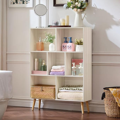 LEYAOYAO Cube Bookshelf 3 Tier Mid-Century Light Grey White Modern Bookcase with Legs,Retro Wood Bookshelves Storage Organizer Shelf,Freestanding Open Book Shelves for Bedroom,Living Room,Office