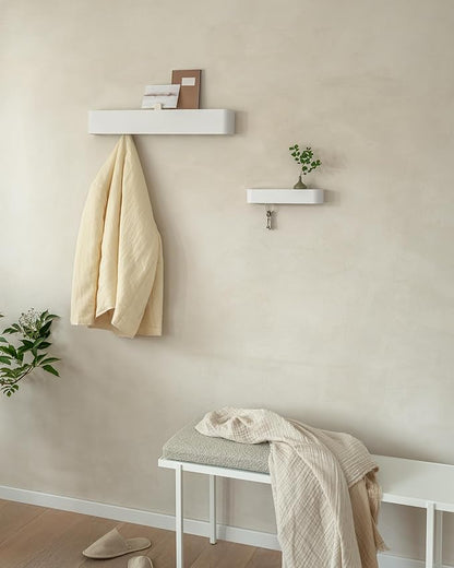 Kazai.® Coat Rack Wall Mount with Shelf 'Tone' | Modern Design Coat Hanger with Hidden Hooks and Storage | Hat Rack with Shelf in Metal | Wall-Mounted Purse Organizer | White