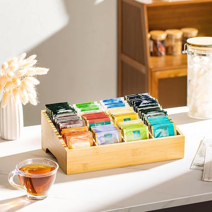 TIMIEEYA Tea Bag Organizer - Bamboo Tea Storage Organizer With 12 Compartments, 1 Layer Tea Organizer for Tea Bags Natural Bamboo for Countertop Office Kitchen Cabinet Pantry