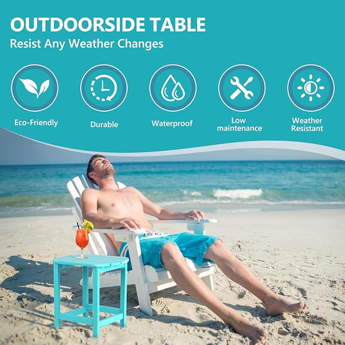 Plawdlik Hdpe Outdoor Adirondack Side Table, Wooden Textured, Set for Patio, Garden, Porch, Pool Composite Patio, Backyard, Bathroom and Indoor, Maintenance & Weather Resistant(Aruba Blue)