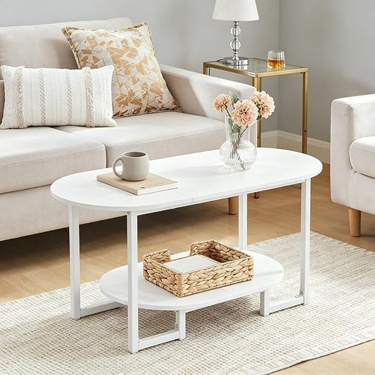 HOOBRO Coffee Table for Living Room, Oval Small Coffee Table with 2-Tier Open Storage Shelf, Industrial Cocktail Tea Table, Wooden Desktop Center Table, Farmhouse, Home Office, White WW09KF01