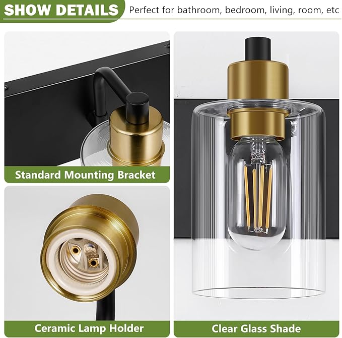Bathroom Light Fixtures, Matte Black and Gold 2-Light Bathroom Lights Over Mirror with Clear Glass Shade,Wall Sconces for Bathroom