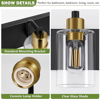 Bathroom Light Fixtures,Matte Black and Gold 3-Light Bathroom Lights with Clear Glass Shade,Modern Wall Sconces Over Mirror for Bathroom, Black&Gold, JD-188