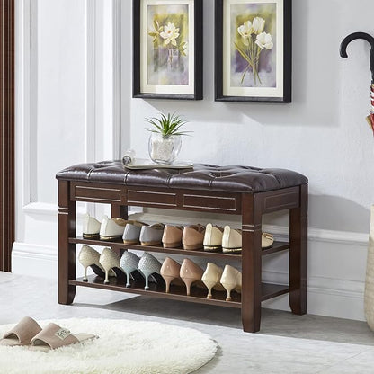 LEILISI Shoe Bench, Storage Rack Organizer with Cushion 2 Tier Lift Top Shoe Rack for Entryway Living Room Bedroom Hallway Wooden Furniture (Brown, 31.5'')