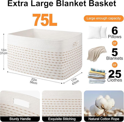 OIAHOMY 75L Blanket Basket, Woven Cotton Rope Basket for Organizing 22”x17”x12”, Used for Living Room, Bedroom, Nursery, Light Yellow & White