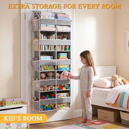 Over The Door Organizer, 5-Tier Extra Large Behind Door Storage with 10 Big Front & 10 Mesh Pockets, 80lb Capacity, Hanging Storage Organizer with Clear Window Kids Toys, Shoes, Diapers, Light Grey