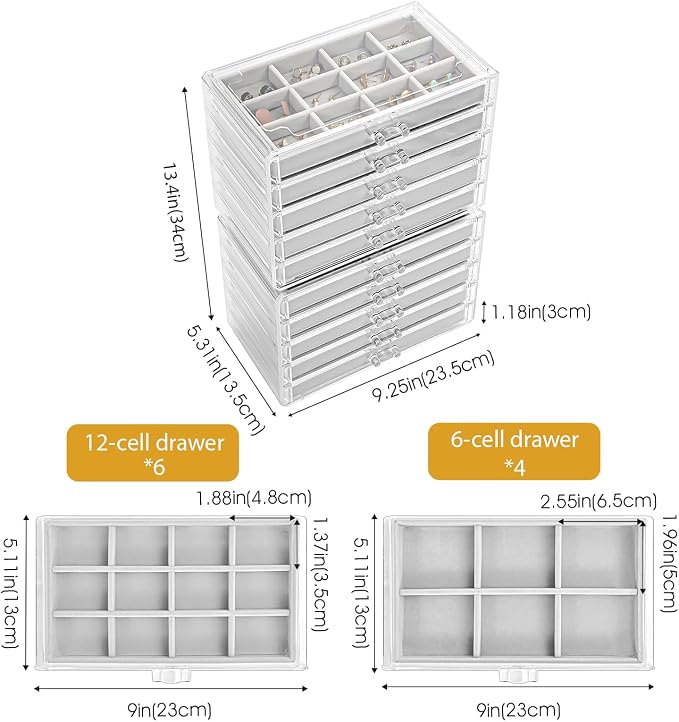 ProCase Earring Holder Organizer Jewelry Box with 10 Drawers, Acrylic Clear Earring Case with Adjustable Velvet Trays for Women - Grey, 10 Layers