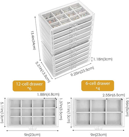 ProCase Earring Holder Organizer Jewelry Box with 10 Drawers, Acrylic Clear Earring Case with Adjustable Velvet Trays for Women - Grey, 10 Layers