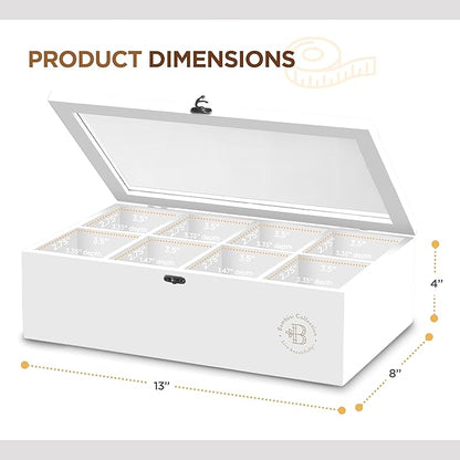 Tea Bag Organizer with Drawer - Bamboo Tea Box Organizer, 8-Compartment Tea Storage Box with Acrylic Lid and Magnetic Closure, Tea Box for Kitchen Counter, Gifts for Mom, Wife, Tea Lovers (White)