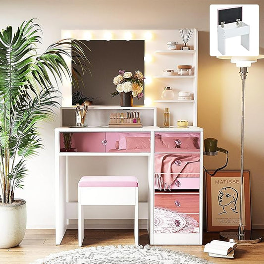 Vanity Desk with Hollywood Mirror and 9 Lights, Makeup Vanity with Drawers and Shelves, Vanity Table with Glass Top and Stool for Bedroom (Pink)