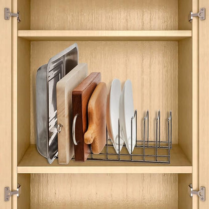 Pot Lid Organizer, Stainless Steel Pot Lid Storage Rack Holder, Cutting Board, Bakeware, Pots & Pans, Serving Trays, Reusable Containers in Cabinet Pantry on Countertop(Satin Nickel, 2)
