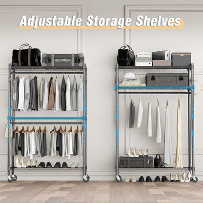 Homdox Rolling Clothes Rack Heavy Duty, 3-Tier Adjustable Wire Shelving Garment Organizer with Double Rods & Hooks, Portable Clothes Rack with Wheels, 17.72" D x 47.24" W x 80.71" H, Grey