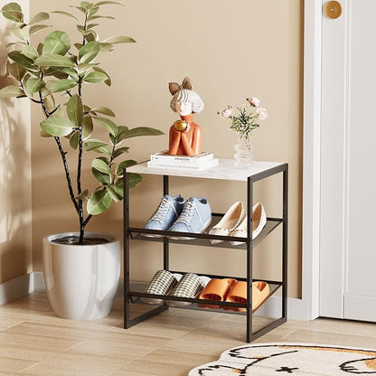 Garden 4 you 3 Tiers Narrow Shoe Rack,Small Space Freestanding Shoe Storage Organizer with White Wooden Tabletop,Adjustable Metal Shelf Stackable Shoe Shelf for Entryway Hallway Living Room Closet