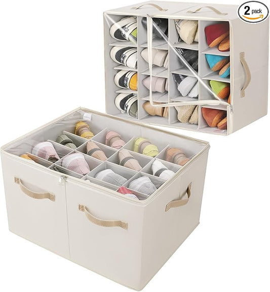 TOPIA HOME Shoe Organizer for Closet 2 Pack, Foldable Shoe Box with Adjustable Dividers and Clear Cover, Space Saving Shoe Storage Organizer Cabinet with Reinforced Handles, Fits 32 Pairs Beige TP12Y