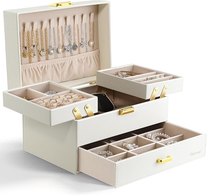 Dajasan Jewelry Organizer Box, Large Jewelry Boxes for Women Girls, Space-Saving 3 Layers Jewelry Storage Case with Drawer, Movable Metal Stand, Modern, Gift Idea (Cloud White + Gold)