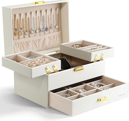 Dajasan Jewelry Organizer Box, Large Jewelry Boxes for Women Girls, Space-Saving 3 Layers Jewelry Storage Case with Drawer, Movable Metal Stand, Modern, Gift Idea (Cloud White + Gold)