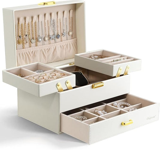 Dajasan Jewelry Organizer Box, Large Jewelry Boxes for Women Girls, Space-Saving 3 Layers Jewelry Storage Case with Drawer, Movable Metal Stand, Modern, Gift Idea (Cloud White + Gold)