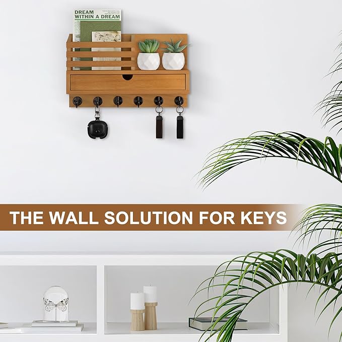 Key Holder Wall Mount, Mail Holder with Storage Drawer and 6 Key Hooks for Coat, Dog Leash, Home Decor Rack, House Accessories, Entry Way Organizer