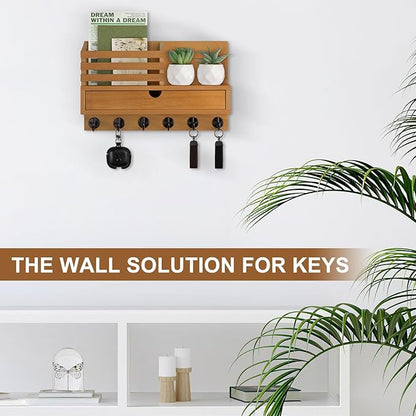 Key Holder Wall Mount, Mail Holder with Storage Drawer and 6 Key Hooks for Coat, Dog Leash, Home Decor Rack, House Accessories, Entry Way Organizer
