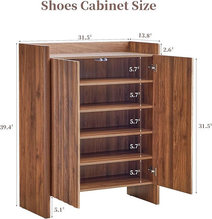 Fluted Shoe Cabinet, 5-Tier Shoe Storage Cabinet with Doors,Freestanding Hidden Shoe Cabinet Organizer, Narrow Shoes Storage Rack for Entryway (Walnut)