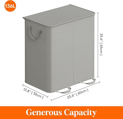 Lifewit Double Laundry Hamper with Lid and Removable Laundry Bags, Large Collapsible 2 Dividers Dirty Clothes Basket with Handles for Bedroom, Laundry Room, Closet, Bathroom, College, 136L Silver Gray