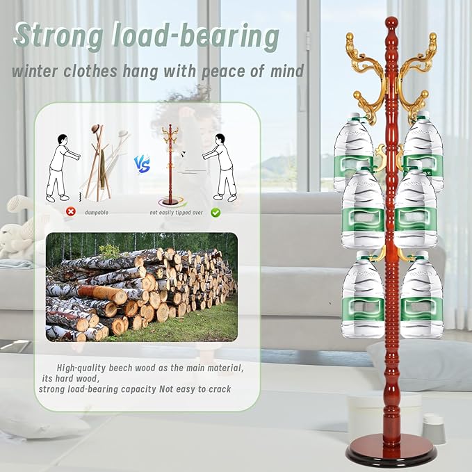 Coat Rack Freestanding,Solid Wooden Coat Rack Stand with 3 Height Options,14 Hooks, Natural Birch Coat Tree Easy to assemble for Clothes Jacket Hat bag Entryway (mahogany) (begonia)