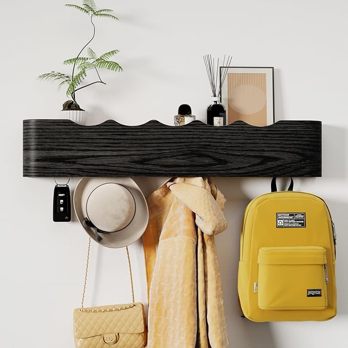Coat Rack Wall Mount with Shelf 5 Hidden Hooks Modern Wooden Key Holder Entryway Organizer for Hallway Bedroom Bathroom Home Decor Storage for Hanging Coats Hats Bags Towels, Wave-Shape Black