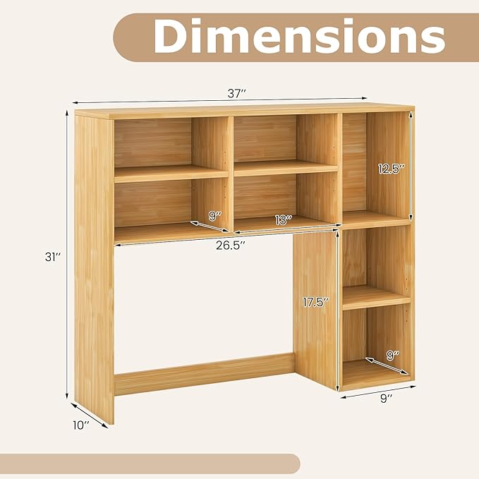Desk Hutch, Desktop Shelf with 7 Shelves, Desk Bookshelf w/Anti-Toppling Devices, Wood Table Top Bookshelf Organizer, Small Desk Shelf for Study, Office, Dorm (Burlywood, 7 Shelves)