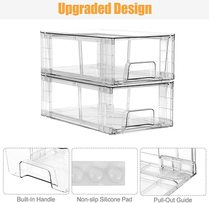 4 Pack Stackable Storage Drawers,Plastic Organizers Bins, Drawers Storage with Handles and Movable Dividers for Organization and Storage in Fridge,Bathroom, Pantry, Kitchen Cabinets, Under Sink