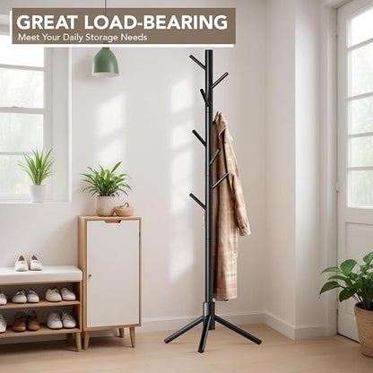 Hupmad Wooden Tree Coat Rack Stand,Sturdy Freestanding Coat Rack with 8 Hooks,3 Adjustable Height for Child Adult,Wood Coat Stand Tree Fits Entryway Bedroom Office for Bags,Hats, 2 Pack